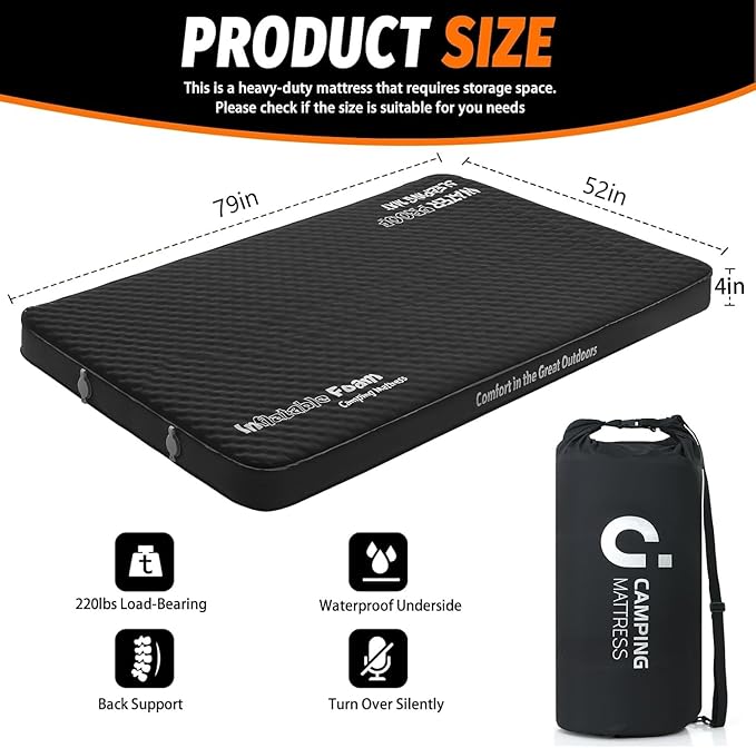CYMULA 4-inch Self-Inflating Camping Pad, 79"x 52"x 4" Ultra-Thick Double Sized Sleeping Mattress, Inflatable Foam Pads for Camp with Air Pump Sack, Suitable for Adults, Backpacking Travel, Black