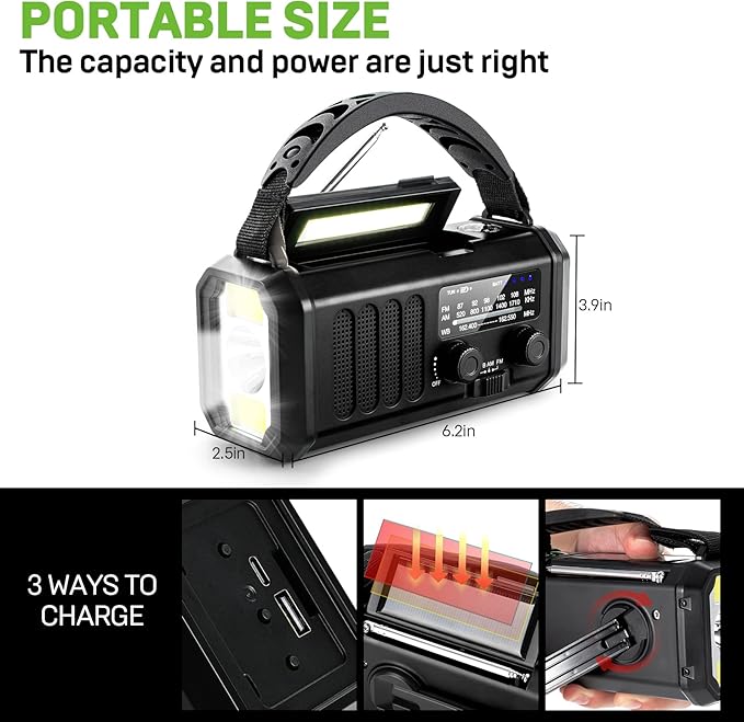 Emergency NOAA Weather Radio, 10000mAh/37000mWh,Solar Hand Crank Radio with AM/FM, Flashlight & Reading Light, Rechargeable Battery,SOS Alarm, Cell Phone Charger for Indoor Outdoor Emergency