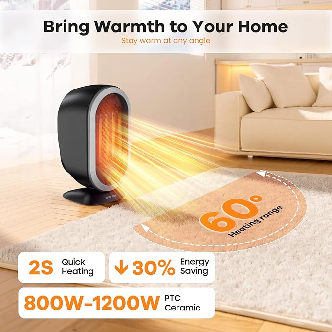 Space Heater, 1200W PTC Fast Heating Ceramic Room Small Heater, Two-Speed Portable Heater Fan with Adjustable, Overheating Protection, Dumping Shutdown, Electric Heaters for Home Bedroom, Office