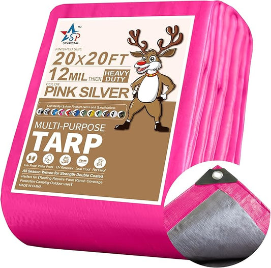 STARPYNG-12 Mil Pink/Silver 20x20 Feet Tarp-Heavy Duty Poly Tarp-Cover,Waterproof, UV Resistant, Weather Resistant, Cover Cars, Boats, Courtyards,Camping