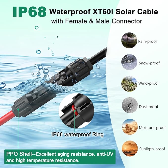 Hiutgowt12AWG XT60i Solar Cable 30FT, Solar to XT60i Cable 3 10 15 20 25 40 50FT, Solar Panel Connector to XT60i Adapter Cable, XT60i Solar Charging Cable for Portable Power Station - 30Ft