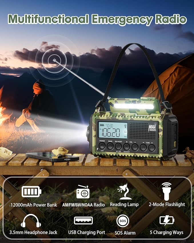 Hand Crank Emergency Radio, 12000mAh/44400mWh Battery Powered Long Runtime, AM/FM/Shortwave/NOAA Alert, Loud SOS,Flashlight,Phone Charger,Portable Rechargeable Solar Weather Radio for Power Outages