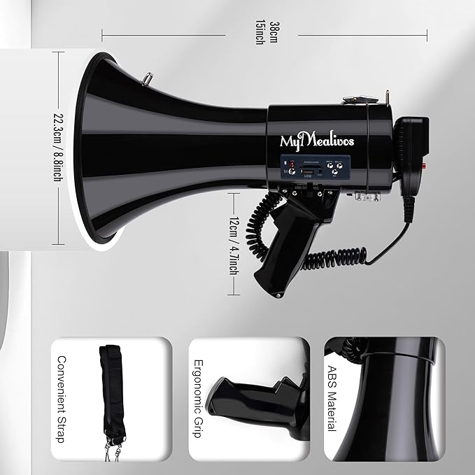 MyMealivos 50W Bluetooth Megaphone with Rechargeable Battery-Professional Bullhorn with Siren&240s Recording Supports USB/SD/3.5mm Aux-1600ft Range for Sports Police Emergency Outdoor Activities