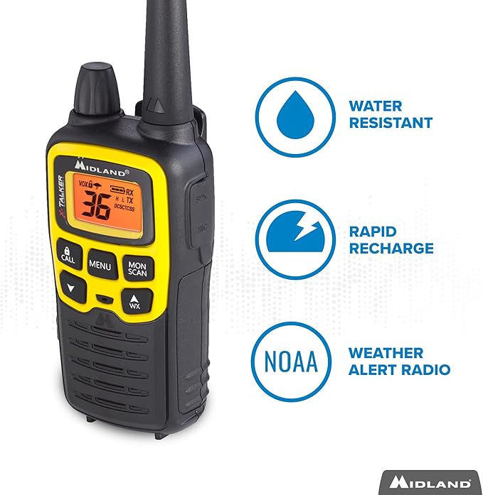 Midland® - T61VP3 X-TALKER - Two-Way Radio - 36 Channel FRS- Long Range Walkie Talkie, 121 Privacy Codes, & NOAA Weather Scan & Alert Black/Yellow, 2-Pack