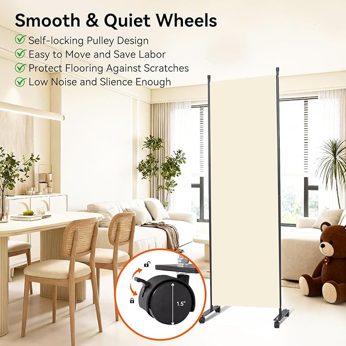 Room Divider 22''W Wall Divider for Room Partition (Heavy Duty Base) 1 Panel Partition Room Dividers, Freestanding Room Divider Screen Separation W/Wheels Folding Privacy Screen Panel Space Separator