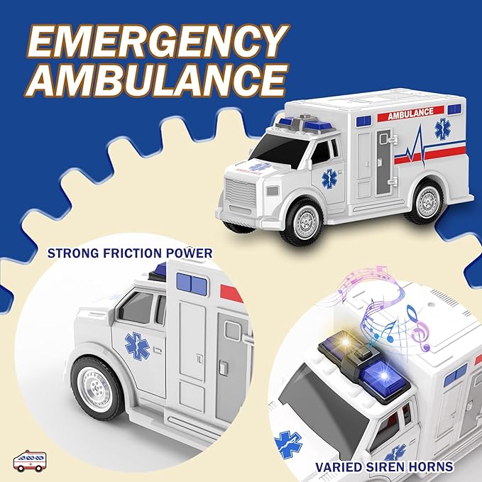EPPO 4 Packs Fire Truck Toy, Ambulance, Police Car, and Helicopter, Emergency Vehicle Truck Toy Set with Lights and Sounds, Friction Powered Car Toy for Toddler Boys 3 4 5 6 Years Old