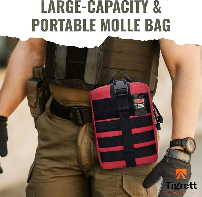 Ham Radio Go Bag in Red Colour with Tear-Away Velcro Back - Molle Compatible, Multi-Pocket Design for Radios, Cables, and Gear