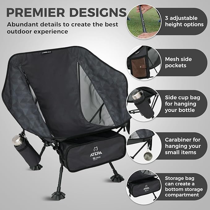 ATEPA UFO3.0 Backpacking Camping Chair, Ultralight Extra Wide Comfortable Folding Chairs Heavy Duty Portable Hexagon Ergonomic Height Adjustable Seat with Anti-Sinking Feet for Hiking Outdoor, Black