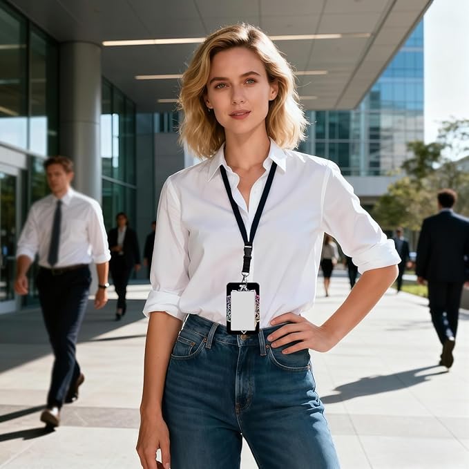 ID Badge Holder with Retractable Lanyard for Women & Men,Vertical ID Card Holder Wallet,Clear Window&Card Slot,Detachable Neck Strap for Nurse Teacher Office,Lotus Flower