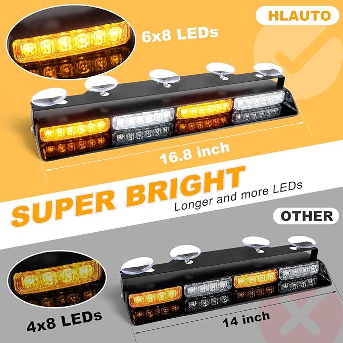 HLauto 604N Emergency Dash Strobe Lights: 2x16.8 inch Amber White Security Light w/Take Down, 48 LED Safety Flashing Warning Hazard Interior Windshield Light Bar for Truck Vehicle