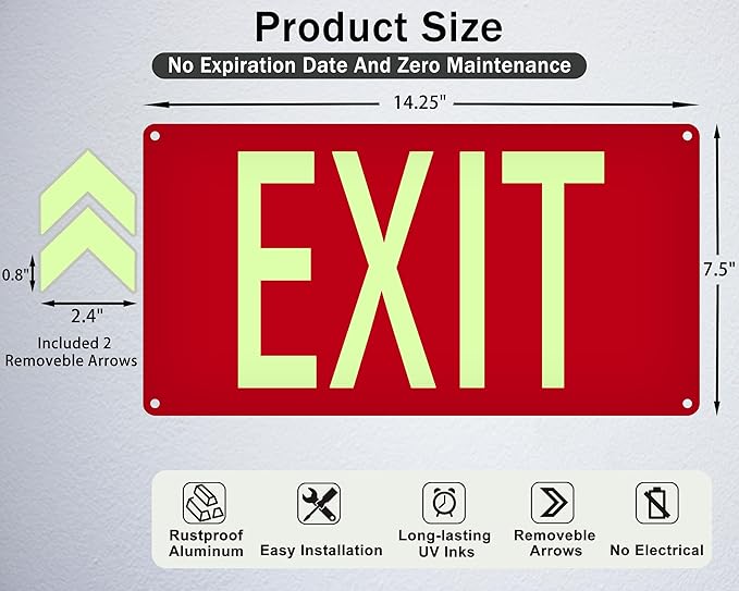Photoluminescent Exit Sign Aluminum Red - with Removable Directional Arrows, With strong self adhesive tape, 14.25 x 7.5 - Non Electrical Red Exit Signs For 50 Feet Visibility