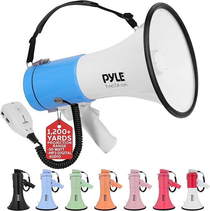 Pyle 50W Megaphone Bullhorn - Portable, Automatic Siren & Adjustable Volume, Projection Range Up to 1200 Square Yards, Aux Input, Talk, Siren, Music, Whistle, & Record, Shoulder Strap (Black)