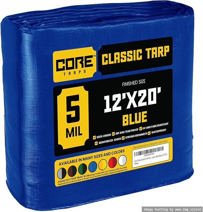 Core Tarps Classic 5 Mil Tarp Cover, Waterproof, UV Resistant, Rip and Tear Proof, Poly Tarpaulin with Reinforced Edges for Roof, Camping, Patio, Pool Cover, Boat (Blue 12′ X 20′)