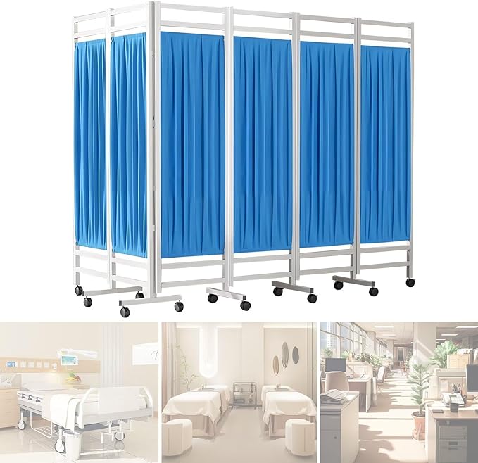 Medical Privacy Screen on Wheels, Foldable Medical Room Divider with Lockable casters, Waterproof Nylon Panel, Portable Privacy Screen for Room, Easy to Clean (Blue 6 Panels)