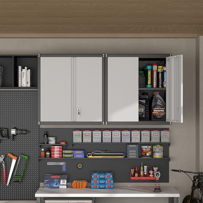 Garage Wall Cabinet,Locking Wall Cabinet with Shelves,Wall Mounted Storage Cabinet,Metal Wall Cabinet for Garage,Basement,Home,Gray