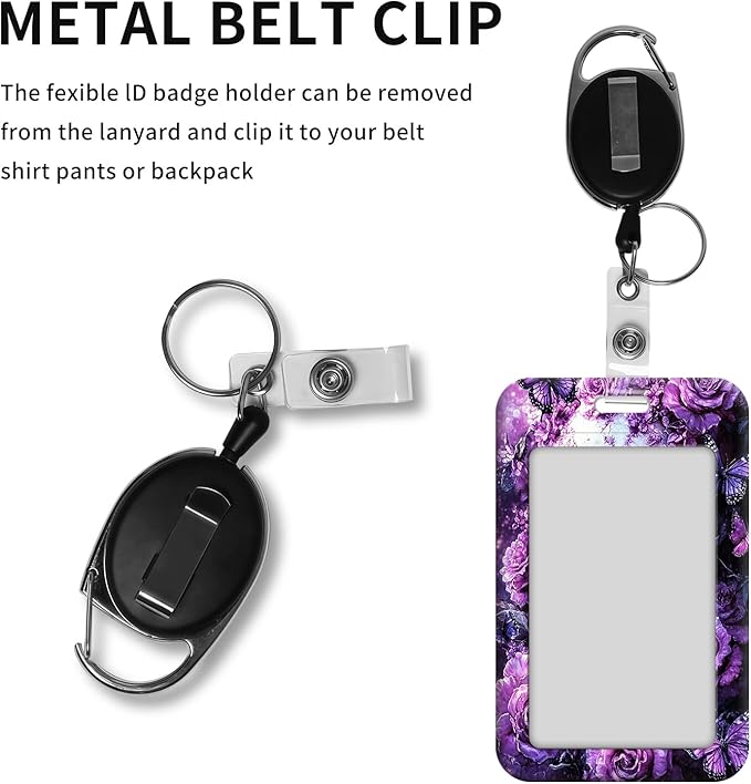 ID Badge Holder with Retractable Lanyard for Women & Men,Vertical ID Card Holder Wallet,Clear Window&Card Slot,Detachable Neck Strap for Nurse Teacher Office,Skull Purple Roses Butterflies