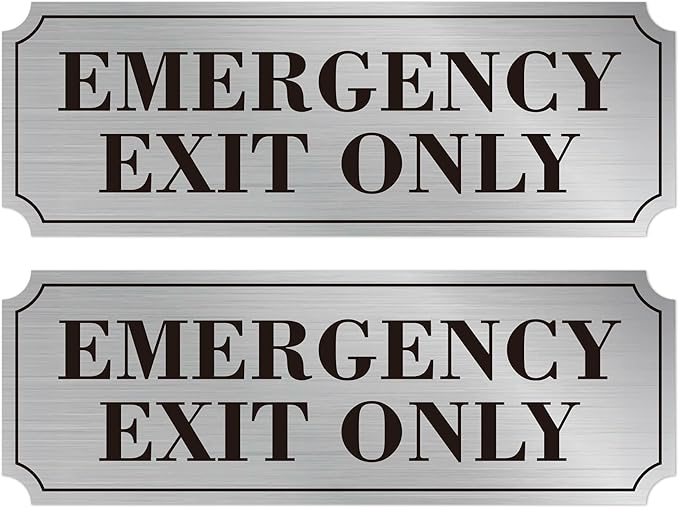 2PCS Emergency Exit Only Signs Sticker，Self Adhesive Water & Fade Resistant Black Silver Exit Only in Emergency Sign for Business, Schools, Offices, Storage Rooms, Hospitals