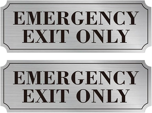 2PCS Emergency Exit Only Signs Sticker，Self Adhesive Water & Fade Resistant Black Silver Exit Only in Emergency Sign for Business, Schools, Offices, Storage Rooms, Hospitals