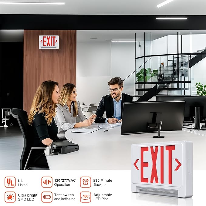 Exit Sign with Adjustable LED Pipe,Exit Signs with Emergency Lights Bar Combo, Compact Hardwired Exit Sign with Battery Backup,Red Led Emergency Exit Light for Business ,120V/277VAC,UL Listed,Top/Side/Wall Mount (1 Pack)