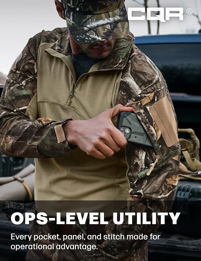CQR Men's Combat Shirt Tactical 1/4 Zip Long Sleeve Military BDU Shirts Camo EDC Top with Pockets
