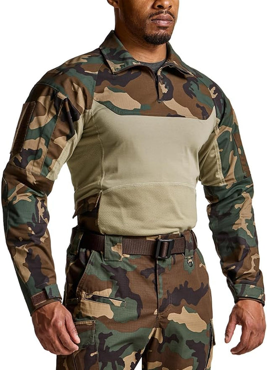CQR Men's Combat Shirt Tactical 1/4 Zip Long Sleeve Military BDU Shirts Camo EDC Top with Pockets