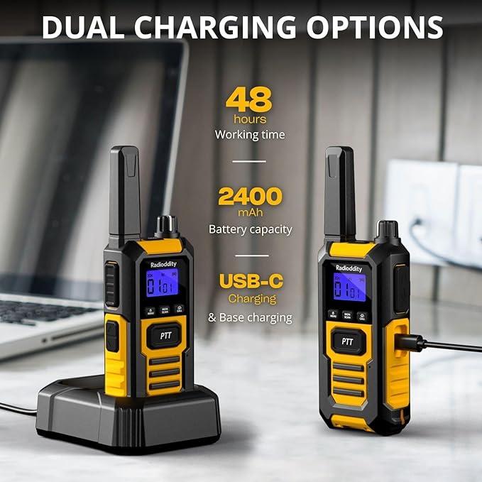 Radioddity HD-1 IP67 Heavy Duty Walkie Talkies, Waterproof Dustproof Shockproof Long Range Two Way Radio with One-Key Group Call, Vibrate Alert, SOS, Dual PTT, USB-C Charging for Hunting, 6 Packs