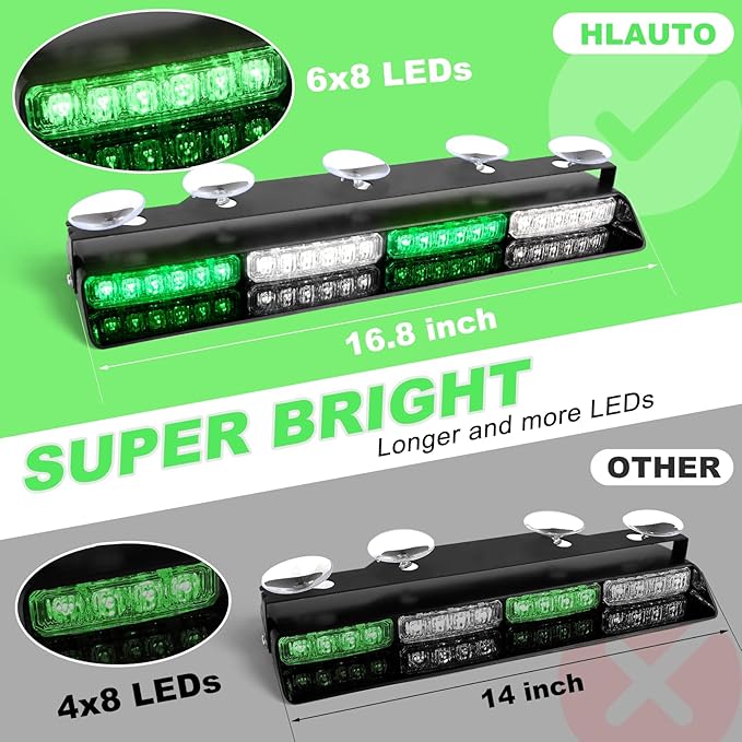 HLauto 604N Emergency Dash Strobe Lights: 2x16.8 inch Green White Security Light with/Take Down, 48 LED Safety Flashing Warning Hazard Interior Windshield Light Bar for Trucks Vehicles