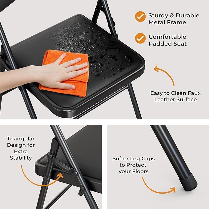 8 Pack Leather Chair | Foldable & Stackable | 350 lbs Capacity Steel Frame Seats for Indoor or Outdoor | Commercial Use Events Wedding Party Events Bulk Picnic Kitchen Dining - Black