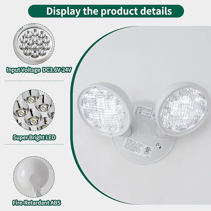 TANLUX Emergency Remote Head Lighting, 1 Pack Double Head Emergency Light, UL Listed, Multi Voltage 6V to 24 Volt Input, 2 by 3 Watts, 2 by 180 Lumen, White