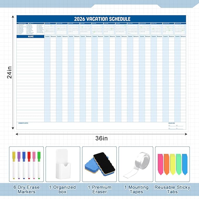Lincia Large Magnetic 2026 Full Vacation Schedule 24" x 36" Reusable Yearly Office Whiteboard Wall Vacation Planner