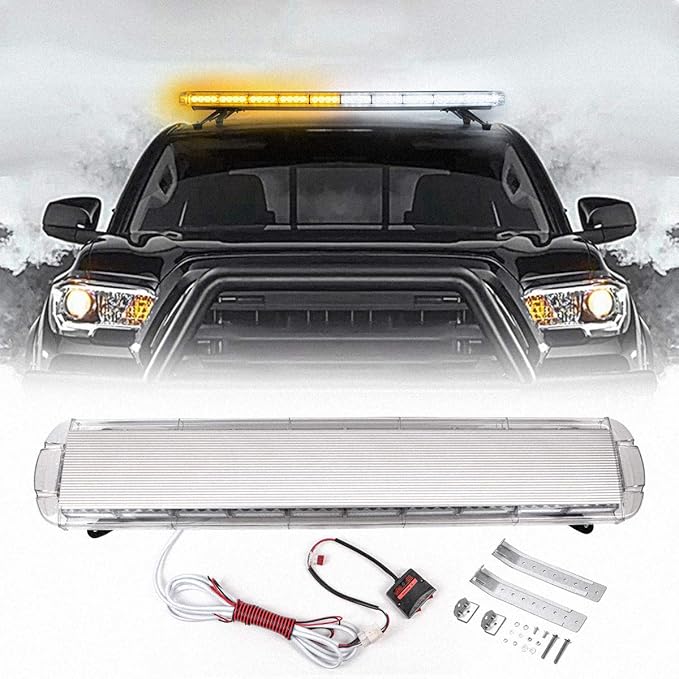 47" 88 Amber White LED Extreme Bright Intensity Construction Emergency Warning Beacon Strobe Light Bar Rooftop Low Profile Law Enforcement Hazard Flashing for Tow Work Truck Vehicle Universal