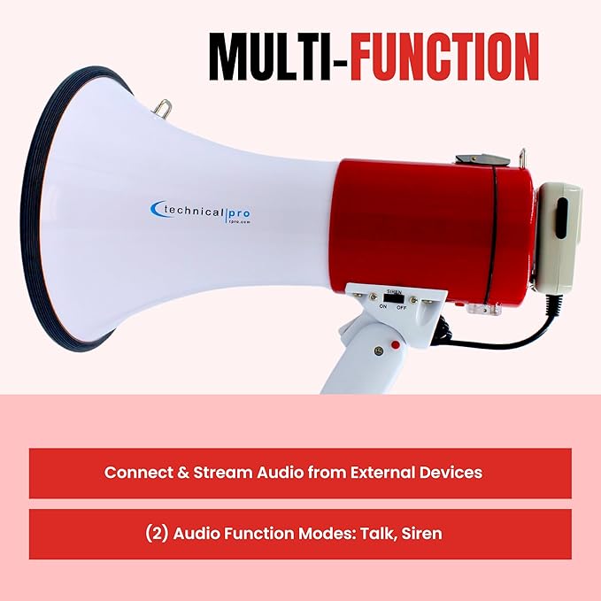 Technical Pro Portable 75-Watts 800M-1000M Range Megaphone Bullhorn Speaker with Strap, Siren, & Volume Control, Good for Trainers, Camping, Coaches, Cheer Leaders