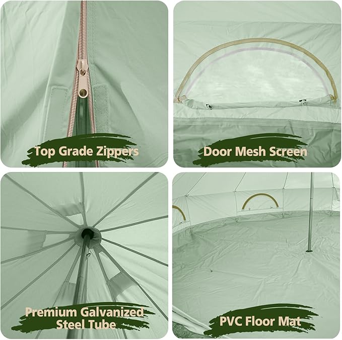 Cotton Canvas Bell Tent, Waterproof Large Tents with Sturdy Center & Door Pole and Space for 4/6/8 Person All 4 Season Camping Yurt Tent