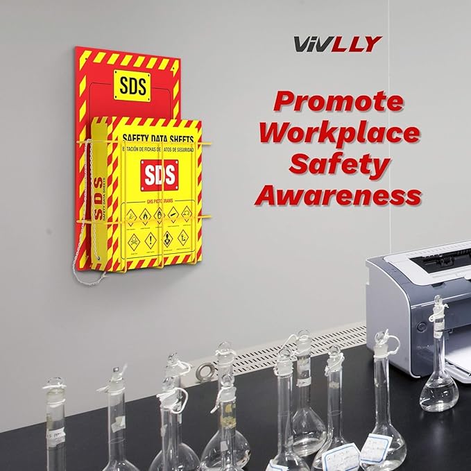 MSDS Wall Station - 3 Inch 3 Ring Material Safety Data Sheet Binder with SDS Wire Rack and Display Sign, Chain, Mounting Hardware, SDS Poster, MSDS Labels - Heavy Duty OSHA Yellow Binder (pack of 10)