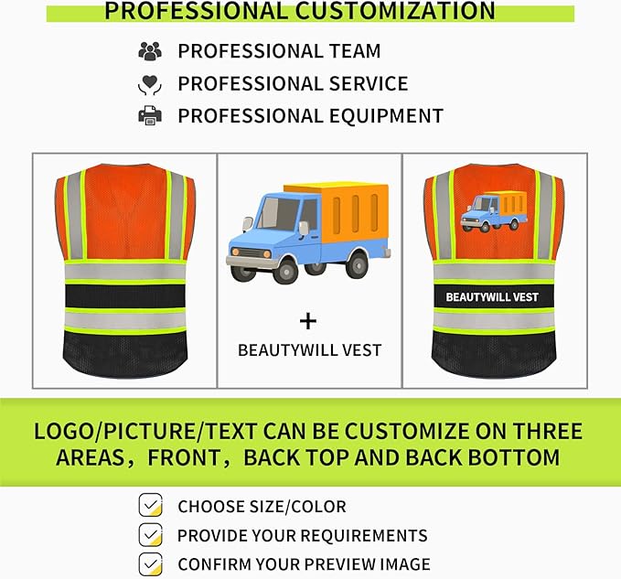 BeautyWill 10 Pack Custom Logo Safety Vest ANSI Class 2 High Visibility Reflective Vest Personalized Construction Vest Bulk