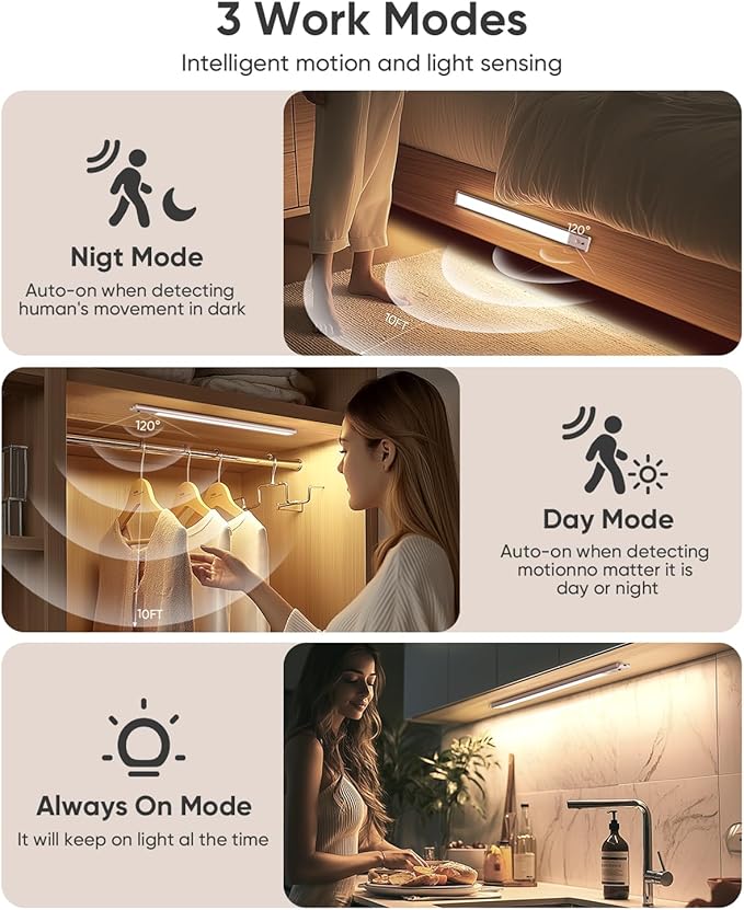 Under Cabinet Lighting Wireless, Rechargeable 62 LED Motion Sensor Light Indoor, 3 Color Temps Closet Lights with Remote Control, Dimmable Magnetic Under Counter Lights for Kitchen, Stairs, 6 Pack