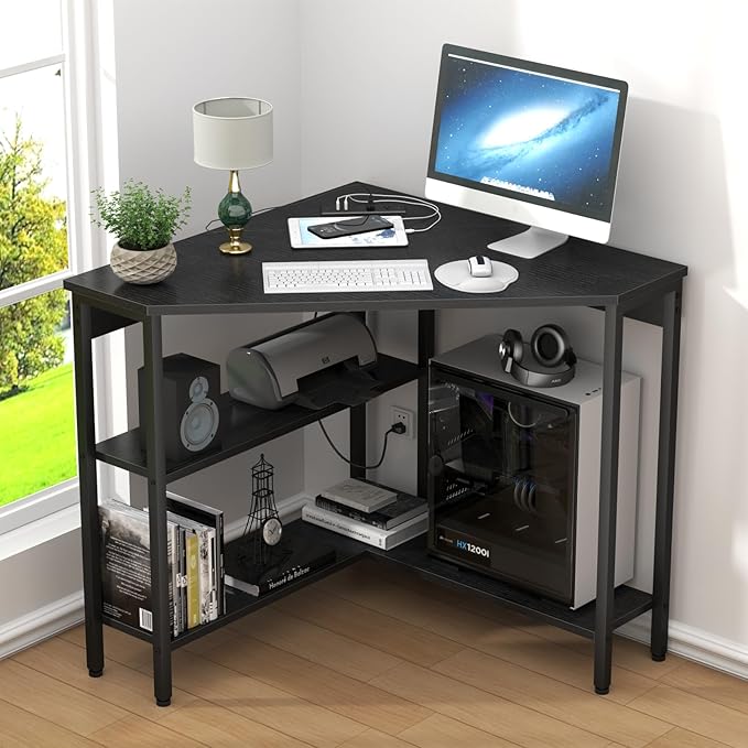 Auromie Corner Desk with Outlets & USB Ports, 90 Degree Triangle Corner Table with CPU Stand & Storage Shelves for Small Space, Computer Table with Charging Station for Home Office Bedroom (Black)