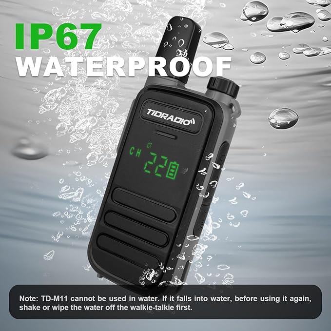 TIDRADIO TD-M11 Walkie Talkies Waterproof IP67 FRS Long Range Two Way Radio with LED Display,NOAA Weather,Walky Talkiy for Industry, Security Work (2 Pack) Black＆Gray