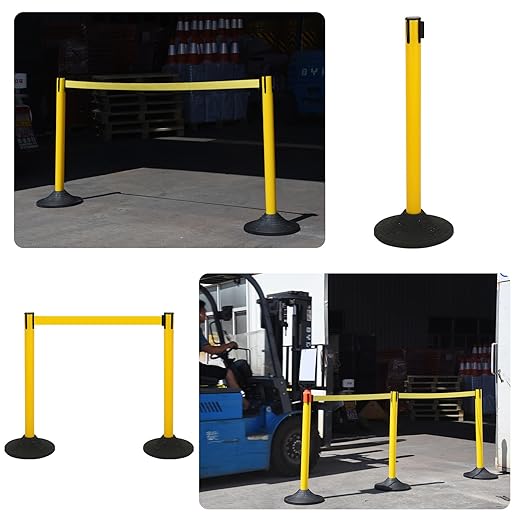 41" Yellow Crowd Control Stanchion Set, Stable Heavy-Duty Rubber Base with 10 Feet Retractable Belt Crowd Control Barriers, Retractable stanchions for Outdoor Safety (6 Pack)