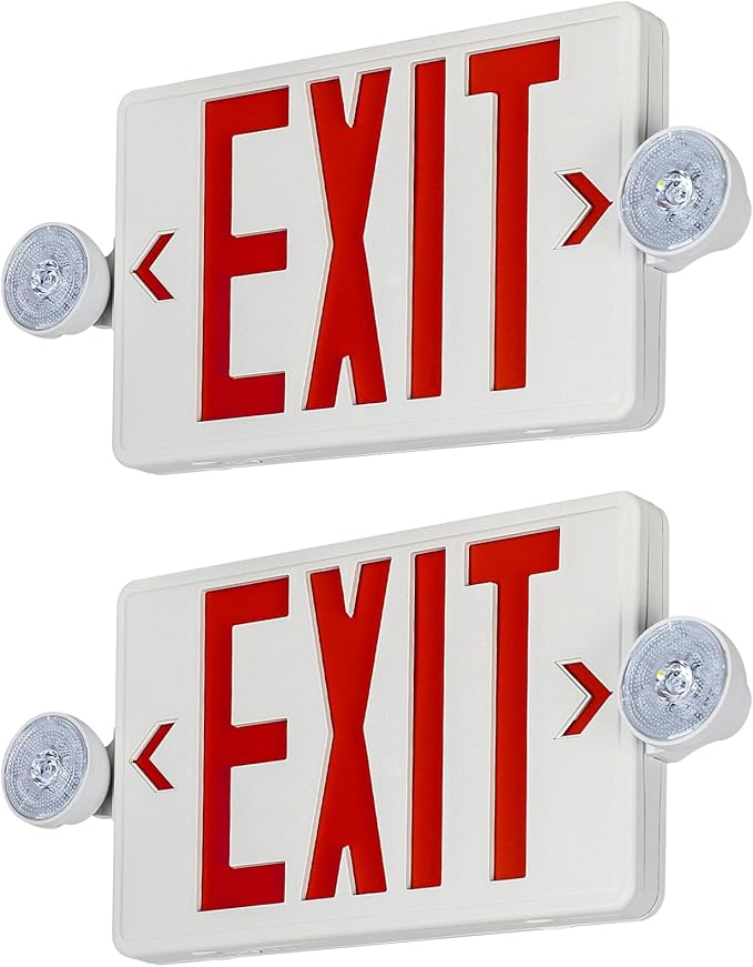 Exit Sign with Emergency Light, Commercial Exit Signs，Red Emergency Exit Light, 2 Adjustable Heads,Combo for Business, 120V/277V AC, UL-Listed, 2 Pack