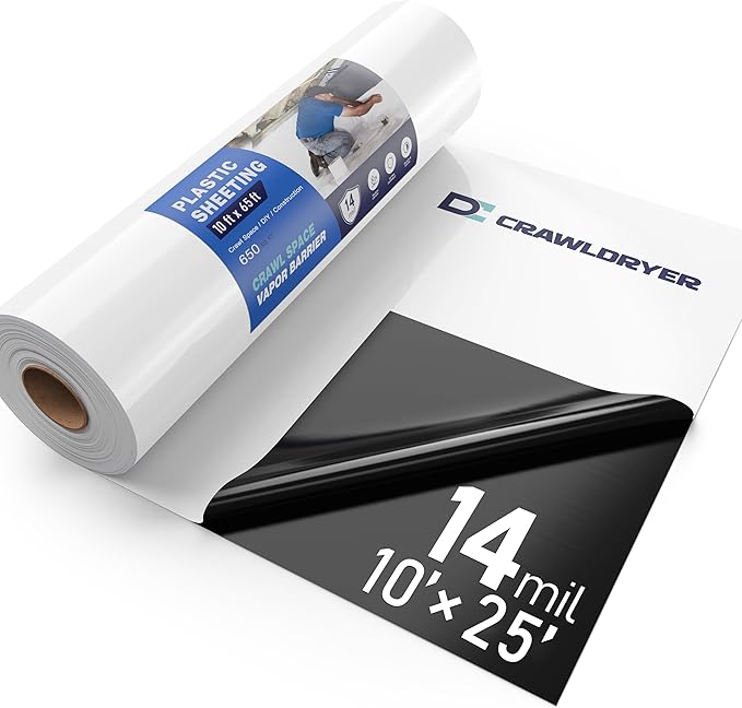 Crawl Space Vapor Barrier - 14 mil 10' x 25', Vapor Barrier for Crawlspace Encapsulation kit, Vapor Barrier Plastic Material, Crawlspace Liner, Heavy Duty Plastic sheeting, Black and White Panda Film