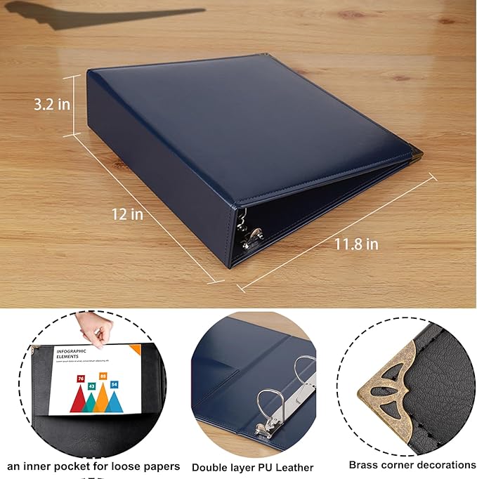 Vintage Hardback 3 Ring Binder 2 Inch, Professional Leather Binder 3 Ring, Three Ring Binders Fits 8.5" x 11", D Ring Binders for Photo Album, Home, School and Office Supplies- Blue