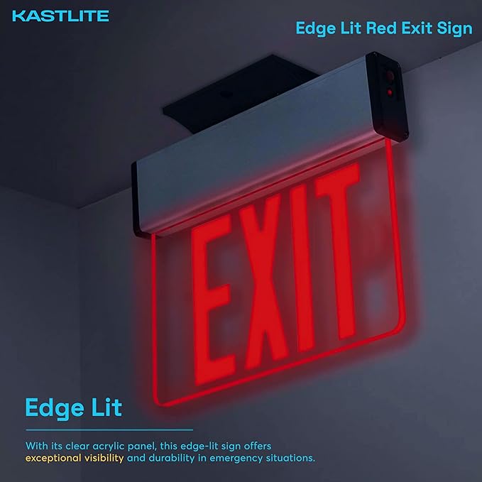 KastLite LED Emergency Edge-Lit Exit Sign, 180 Min Backup, Damp Rated, Red Letters, UL Listed, 120/277V, Acrylic Panel - 2 Pack
