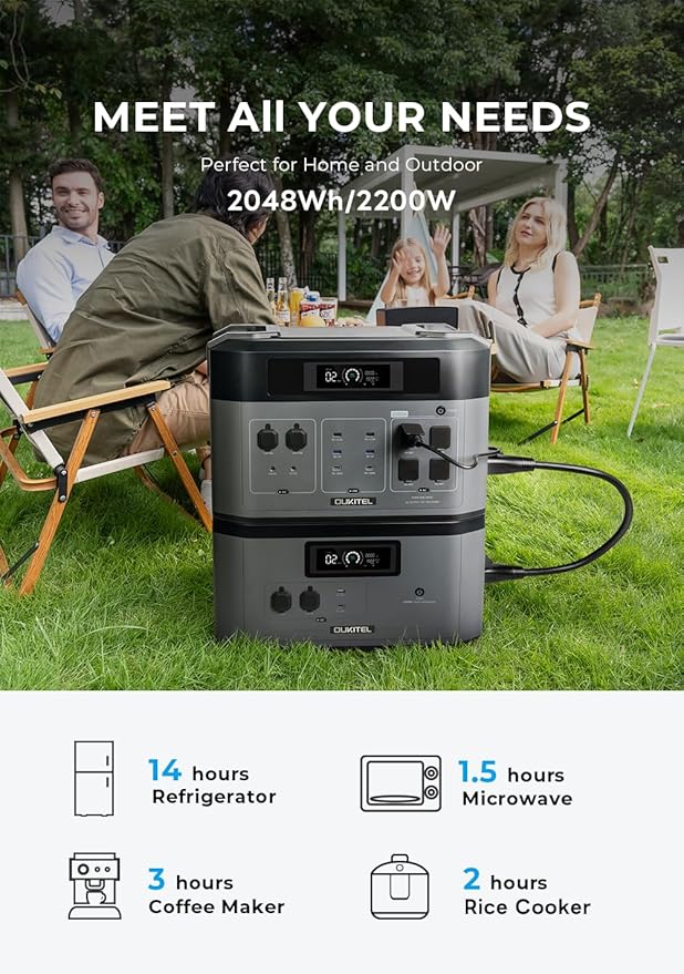 Oukitel BP2000 Solar Generator, 2048Wh Power Station with LiFePO4 Batteries, 6 2200W AC Outlets, UPS Backup, Bi-directional Portable Power Station for Home Power Outage, Outdoor Camping RV