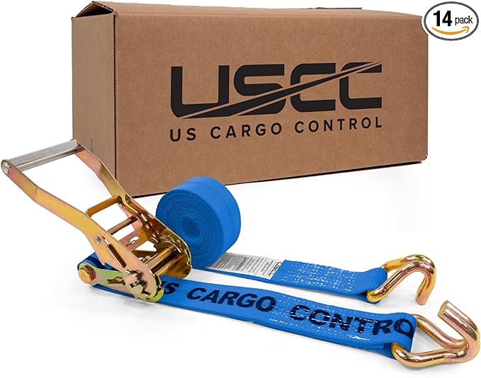 US Cargo Control Wire Hook Ratchet Straps 2 Inch x 12 Foot (14-Pack), 10,000 LBS Break Strength, Ratchet Straps Heavy Duty with Double J Hooks, Blue Cargo Tie Downs for Flatbed Trailers and Trucks