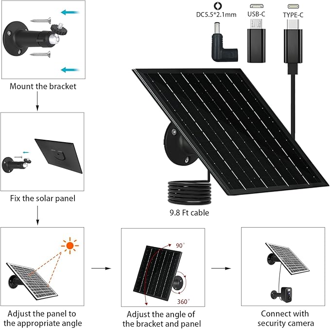 6W 5V Solar Panels for Security Cameras Type-C Micro USB C DC Port Solar Panel 5V Compatible with Recharged Battery Cameras Outdoor IP65 Waterproof 360° Adjustable Mount 9.8ft Cable 1 Black