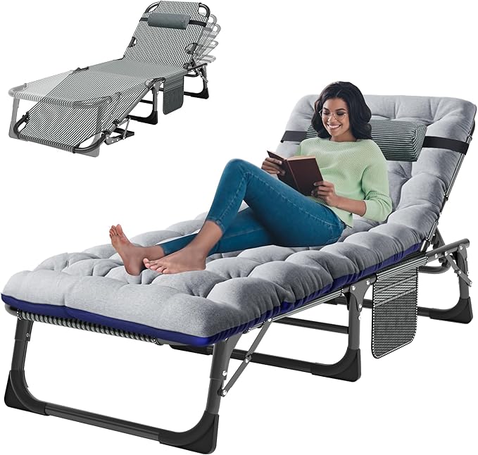 ABORON Patio Lounge Chair, Folding Guest Bed Cot for Adults, 500LB Heavy-Duty Capacity, Portable Extra Bed with Comfort Mat, Quick Fold Design for Indoor Guest Stays & Temporary Use