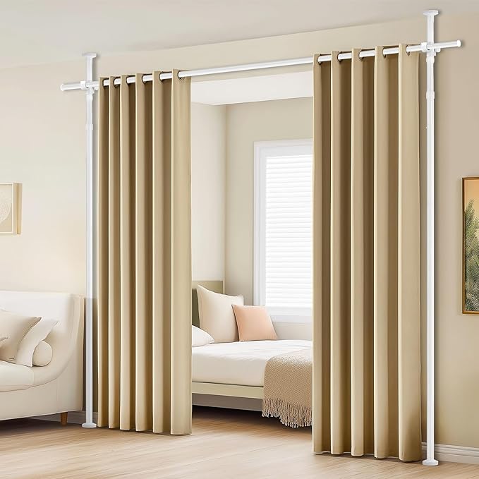 Room Divider No Drill Curtain Rod (H)43-120×(W)35-100 inch, Adjustable Heavy Duty Tension Pole 45 LBS Load, Freestanding Partition Wall for Apartment/Dorm/Office, Curtains Not Included- White, 1 Pack