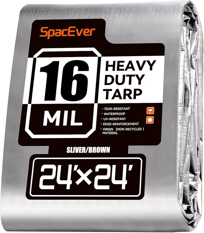 24x24 FT Tarp Waterproof, 16 Mil Tarps Heavy Duty Waterproof Multipurpose Protective Cover UV Resistant Rip & Tear Resistant with Grommets Reversible for Home Boats Cars Camping