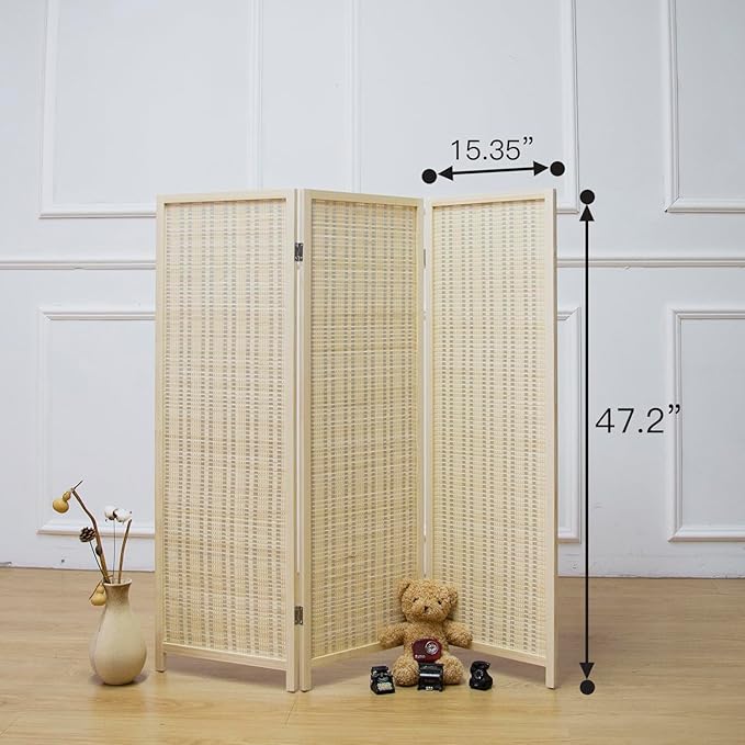 3 Panel Room Divider Short Folding Screen Divider,Double Sided Bamboo Divider Screen for Room Separation,Beige,47.2" H x 46.1" W